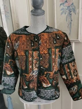 Womens  Vintage Silkland 100% Silk  Paisley Abstract Patchwork Print Jacket. PL